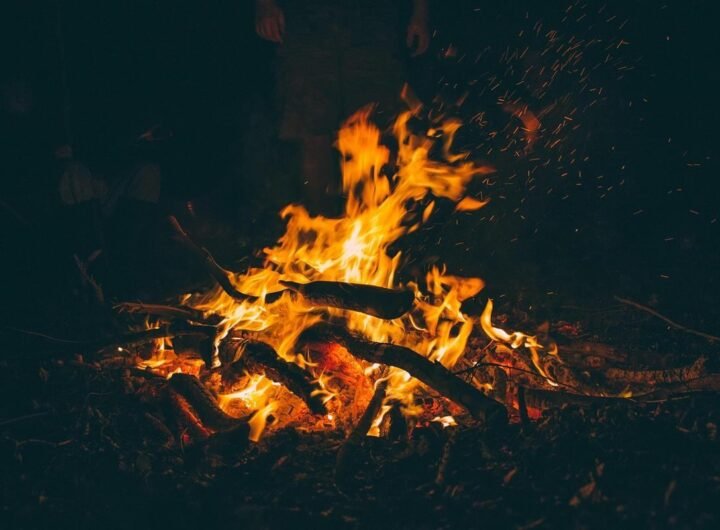 Feu de camp nocturne avec flammes orangées, bois et braises rougeoyantes