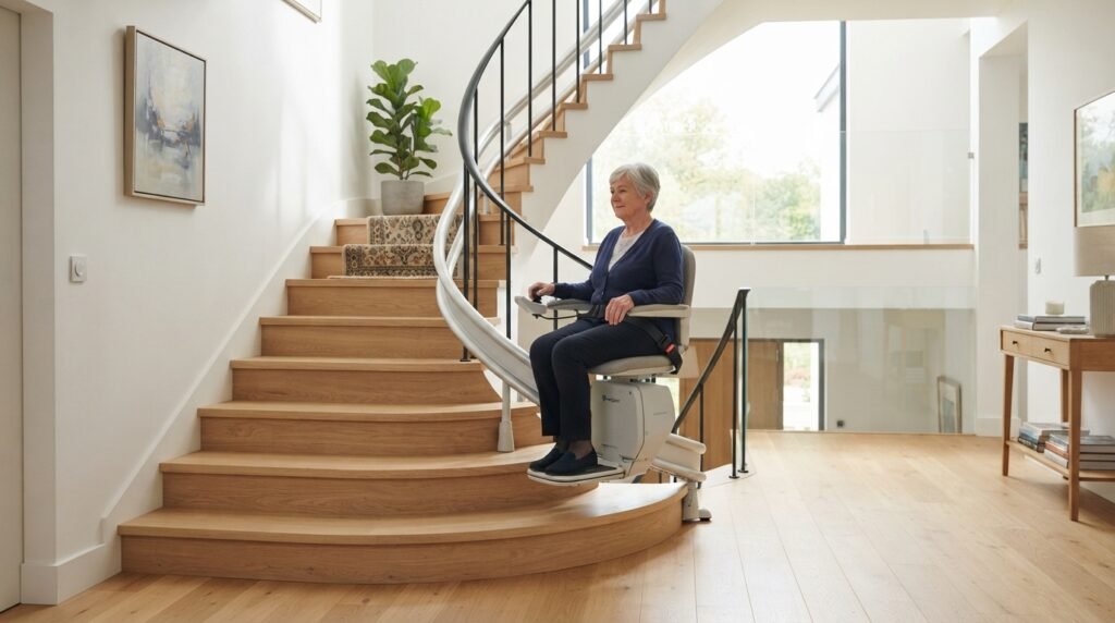 Monte-escalier moderne sur un escalier tournant, maison lumineuse