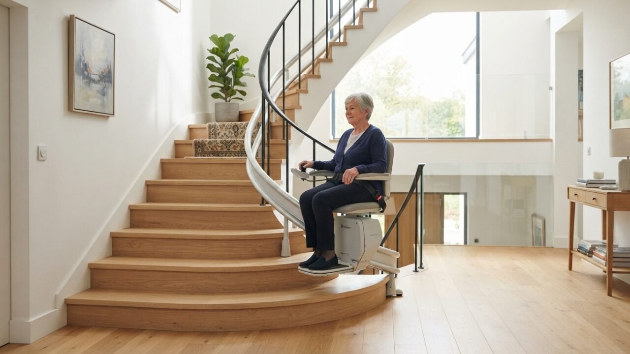Monte-escalier moderne sur un escalier tournant, maison lumineuse